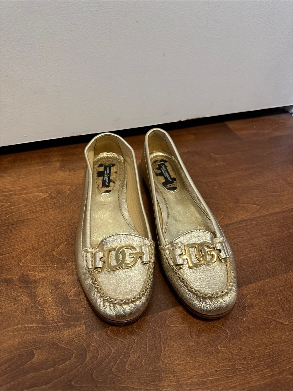 Dolce & Gabbana Gold Leather DG Logo Loafers